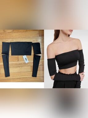 Maison Margiela Off The Shoulder Split Sleeve Black Stretch Crop Top XXS